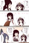  3girls 3koma :d ^_^ akagi_(kantai_collection) beamed_eighth_notes brown_hair check_translation closed_eyes comic commentary_request curry curry_rice eating eighth_note female_admiral_(kantai_collection) food fork hat headgear japanese_clothes kantai_collection little_girl_admiral_(kantai_collection) long_hair long_sleeves migu_(migmig) military military_uniform multiple_girls muneate musical_note open_mouth partially_translated peaked_cap purple_hair rice short_hair short_sleeves smile spoon tenryuu_(kantai_collection) translation_request twitter_username uniform 
