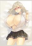  1girl black_skirt breasts cleavage collarbone collared_shirt cowboy_shot cropped_legs fingernails floating_hair gigantic_breasts glasses gram_(muneneko) hands_up huge_breasts lips long_hair long_sleeves looking_at_viewer miniskirt muneneko no_bra open_clothes open_shirt parted_lips pleated_skirt red-framed_glasses red_eyes semi-rimless_glasses shiny shiny_hair shiny_skin shirt silver_hair skirt under-rim_glasses white_shirt 