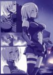  armor armpits asymmetrical_legwear breasts closed_eyes comic elbow_gloves fate/grand_order fate_(series) gloves large_breasts looking_at_viewer mash_kyrielight monochrome navel navel_cutout parted_lips purple rain short_hair smile solo syatey thighhighs wet 