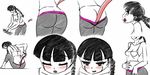  1girl ass bare_feet bare_shoulders barefoot blush braids breasts cleavage comic creature_inside hands_in_pants intorsus_volo midriff monochrome naughty_face open_mouth original pants_pull parasite possession rape sitting spaghetti_string_top sweatpants tears teeth thighs tongue twintails worm worms 