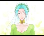  1girl aqua_hair blue_eyes braid breasts choker cleavage dress grune_(tales) open_mouth short_hair tales_of_(series) tales_of_legendia veil 