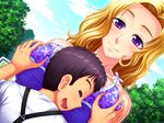  1girl amano_mitsurugi bare_shoulders between_breasts black_hair blonde_hair breast_grab breasts eyes_closed game_cg grabbing happy highres huge_breasts looking_down mama_camp_plus! open_mouth purple_eyes shiny shiny_skin short_hair sky smile upper_body 