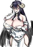  774_(nanashi) albedo black_hair blush breasts cleavage dress female gloves grin horns huge_breasts long_hair looking_at_viewer naughty_face overlord_(maruyama) smile solo thick_thighs wide_hips wings yellow_eyes 