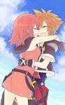  1girl blue_sky brown_hair closed_eyes cloud couple day fingerless_gloves gloves happy hetero hood hug jyaco7777 kairi_(kingdom_hearts) kingdom_hearts kingdom_hearts_ii red_hair sky sora_(kingdom_hearts) spiked_hair 