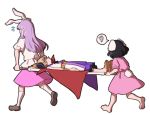  3girls animal_ears barefoot black_hair blonde_hair bunny_ears bunny_tail carrying commentary_request dress earmuffs faceless flying_sweatdrops inaba_tewi kneehighs long_hair lying mefomefo multiple_girls on_back pink_dress pink_skirt pointy_hair puffy_short_sleeves puffy_sleeves purple_hair purple_skirt reisen_udongein_inaba sandals scribble shoes short_hair short_sleeves simple_background skirt sleeveless spanish_commentary speech_bubble stretcher tail touhou toyosatomimi_no_miko white_background 