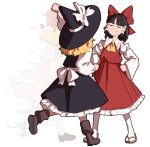  3girls apron arm_up ascot bangs black_hair blonde_hair blunt_bangs boots bow clenched_hands detached_sleeves eyes_closed fading frills hair_bow hair_tubes hakurei_reimu hands_on_hips hat hat_bow kirisame_marisa long_hair long_sleeves mefomefo multiple_girls nontraditional_miko pom_pom_(clothes) red_skirt sandals satsuki_rin skirt skirt_set smile smug socks touhou transparent wide_sleeves witch_hat younger 