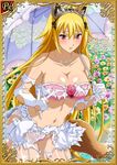  1girl blonde_hair blush bra breasts chousen cleavage dress female flower ikkitousen large_breasts long_hair looking_at_viewer necklace official_art open_mouth panties red_eyes solo standing tiara torn_clothes umbrella underwear 