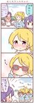  3girls 4koma ayase_eli blonde_hair blue_eyes blush comic directional_arrow dual_persona embarrassed emphasis_lines green_eyes hatena_heartbeat love_live! love_live!_school_idol_project multiple_girls notice_lines pink_scrunchie ponytail purple_hair saku_usako_(rabbit) scarf scrunchie skirt smile spinning sunglasses sweatdrop toujou_nozomi translated white_scrunchie |_| 