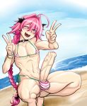  1boy abs astolfo_(fate) beach bikini braid double_v earrings erect_nipples erection fate/apocrypha fate_(series) french_braid heart heart-shaped_pupils jewelry large_penis long_hair male muscle navel ocean painted_nails penis pink_eyes pink_hair ponytail precum ring side-tie_bikini smile squatting swimsuit symbol-shaped_pupils tammaro tammdraws testicles trap v veins veiny_penis wristband 