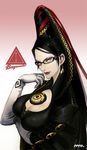  bayonetta bayonetta_(character) black_hair blue_eyes breast_hold breasts cleavage_cutout earrings elbow_gloves erect_nipples eyeshadow female glasses gloves gradient gradient_background jewelry large_breasts lips lipstick long_hair makeup mhk_(mechamania) mole smile solo very_long_hair 