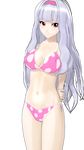  1girl artificial_academy_2 bangs bikini breasts cleavage female hairband highres idolmaster large_breasts long_hair looking_at_viewer navel pink_eyes polka_dot polka_dot_bikini polka_dot_swimsuit shijou_takane silver_hair simple_background smile solo swimsuit tagme white_background 