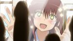  +_+ 1girl against_glass bandaid bangs blush brown_hair candy erection female happy kissxsis open_mouth penis reaction sexually_suggestive smile solo suminoe_riko 
