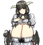  1girl bat_wings bell black_eyes black_hair braid breasts cleavage cow_girl cow_horns cow_tail demon_wings dress female gigantic_breasts horns long_breasts long_hair long_skirt looking_at_viewer magaki_ryouta maid monster_girl original pose sagging_breasts simple_background skirt smile solo standing tail twin_braids upper_body white_background wings 