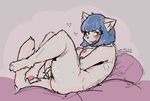  1girl blue_hair breasts cat furry nipples open_mouth paru_(artist) red_eyes simple_background solo 