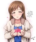  1girl blush box brown_eyes brown_hair commentary_request gift happy_valentine hard_translated heart-shaped_box highres holding holding_gift idolmaster idolmaster_cinderella_girls jewelry long_hair looking_at_viewer necklace nitta_minami open_mouth smile solo translated valentine yoohi 