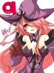  1girl arc_system_works bare_shoulders black_sclera blazblue blazblue:_central_fiction blush breasts cleavage detached_collar detached_sleeves female hair_over_one_eye hat konoe_a_mercury large_breasts long_hair nyoro open_mouth pink_hair smile solo witch_hat yellow_eyes 
