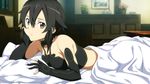  1girl bed black_eyes black_hair blanket lying official_art pillows shinon_(sao) solo sword_art_online 