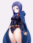  1girl akira_(natsumemo) artist_request bare_legs blue_eyes breasts cameltoe cape dc_comics erect_nipples female grey_skin hand_on_hip hand_on_own_hip legs leotard nail_polish partially_visible_vulva purple_hair raven_(dc) shiny short_hair simple_background solo teen_titans white_background 