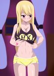  1girl bare_shoulders bedroom blonde_hair blush breasts brown_eyes cleavage fairy_tail female hot_pants kunaix large_breasts long_hair lucy_heartfilia photoshop shirt solo standing tagme undressing 