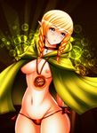 :o absurdres arms_behind_back bikini bikini_bottom blonde_hair blush bow braid breasts cape choker compass compass_rose contrapposto cowboy_shot eyebrows eyebrows_visible_through_hair gem green_background groin head_tilt highres jassycoco jewelry linkle looking_to_the_side medium_breasts midriff navel navel_piercing necklace nipples parted_lips piercing pointy_ears red_bikini red_bow sapphire_(stone) short_hair side-tie_bikini simple_background solo standing stomach swimsuit the_legend_of_zelda twin_braids twintails wide_hips zelda_musou 