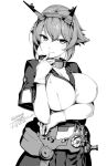  1girl 2019 arm_under_breasts artist_name black_jacket black_skirt breasts chains chrysanthemum cleavage closed_mouth collar dated finger_to_mouth flipped_hair flower gloves hair_between_eyes headgear jacket kantai_collection large_breasts looking_at_viewer metal_belt metal_collar midriff monochrome mutsu_(kantai_collection) pleated_skirt remodel_(kantai_collection) rokuwata_tomoe short_hair simple_background skirt smile solo twitter_username upper_body white_background white_gloves 