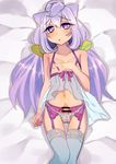  1boy blue_legwear blush bulge censored garter_belt garter_straps hacka_doll hacka_doll_3 lace lace-trimmed_thighhighs long_hair multicolored_eyes navel nippleless_clothes nipples on_back open_mouth panties penis purple_eyes purple_hair see-through solo thighhighs trap underwear 