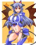 1girl animal_ears blue_hair blush breasts curvy demon_girl earrings erect_nipples female galerie gluteal_fold horns jewelry large_breasts long_hair looking_at_viewer navel open_mouth panties pointy_ears red_eyes shinrabanshou simple_background smile solo standing tail tank_top thighs underwear wide_hips wings 