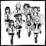  abukuma_(kantai_collection) agano_(kantai_collection) asymmetrical_legwear bandaid comic commentary_request greyscale heavy_breathing jintsuu_(kantai_collection) kantai_collection miniskirt monochrome multiple_girls naka_(kantai_collection) necktie noshiro_(kantai_collection) pleated_skirt remodel_(kantai_collection) sakawa_(kantai_collection) sakazaki_freddy scarf sendai_(kantai_collection) single_thighhigh skirt solid_oval_eyes sweat thighhighs translation_request walking writing yahagi_(kantai_collection) yawning 