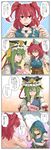  4koma blush check_translation comic cookie food green_hair hair_bobbles hair_ornament halloween_costume hat highres implied_yuri kitsune_maru mask multiple_girls onozuka_komachi partially_translated red_eyes red_hair sarashi scythe shiki_eiki touhou translation_request 