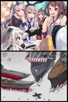  1boy 2koma 5girls :d absurdres admiral_(kantai_collection) ahoge aircraft airplane amatsukaze_(destroyer) amatsukaze_(kantai_collection) blonde_hair blood blush_stickers bottle brown_eyes brown_hair c: choker comic commentary_request detached_sleeves dress elbow_gloves expectations/reality flag flight_deck gloves hachimaki hair_tubes hairband hakama hat headband highres holding horns ice japanese_clothes japanese_flag kantai_collection kongou_(battleship) kongou_(kantai_collection) kurokitsune_(float0108) long_hair lying military military_uniform military_vehicle mittens multiple_girls muneate naval_uniform nontraditional_miko northern_ocean_hime open_mouth orange_eyes peaked_cap pleated_skirt ponytail red_eyes sailor_dress sake_bottle school_uniform serafuku shimakaze_(destroyer) shimakaze_(kantai_collection) shinkaisei-kan ship silver_hair skirt smile sweat t-head_admiral tasuki thighhighs too_literal translated truth turret two_side_up uniform warship watercraft white_gloves white_hair white_skin zuihou_(aircraft_carrier) zuihou_(kantai_collection) 
