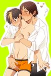  2boys azumane_asahi blush brown_hair haikyuu!! male_focus multiple_boys nipples nishinoya_yuu short_hair sweat tagme tongue tongue_out underwear undressing yaoi 