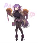  casual fate/extra fate/extra_ccc fate_(series) full_body gloves hair_ribbon jewelry leggings long_hair nagu necklace passion_lip paw_gloves paw_pose paws purple_eyes purple_hair ribbon skirt source_request standing sweater zipper 