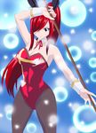 1girl animal_ears black_legwear breasts bunny bunny_ears bunnysuit cleavage detached_collar erza_scarlet fairy_tail hair_over_one_eye happy kunaix large_breasts leotard long_hair pantyhose ponytail pose red_hair socks standing wrist_cuffs 