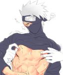  1boy blush hatake_kakashi looking_at_viewer male_focus naruto nipples short_hair spiked_hair tagme undressing white_hair yaoi 