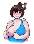  1girl areolae bare_shoulders blush breasts brown_eyes brown_hair female glasses hair_bun hair_ornament large_breasts mei-ling_zhou mei_(overwatch) nipples one_breast_out overwatch plump rha short_hair solo tank_top upper_body 