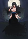 1girl areola_slip areolae bangs black_dress breasts cleavage cum cum_in_mouth dress female hair_over_eyes hip_vent jiffic large_breasts long_hair moon mound_of_venus night night_sky nipples no_bra no_panties open_clothes open_dress open_mouth original solo standing tongue 