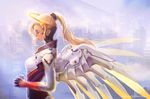  1girl angela_ziegler blonde_hair eyes_closed hands_together mechanical_halo mechanical_wings mercy_(overwatch) nitinun_bell_varongchayakul overwatch ponytail praying side_view solo upper_body wings 