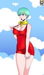  aqua_hair blue_eyes blush breasts bulma dragon_ball dragonball_z dress earring kyoffie large_breasts lipstick makeup open_mouth scarf 