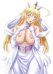  1girl adelaide_grand_marnier areolae ayato bare_shoulders blonde_hair blue_eyes breasts breasts_outside dog_days dress embarrassed female head_tilt highres huge_breasts large_areolae long_hair long_skirt looking_at_viewer nipples no_bra older open_mouth simple_background skirt solo standing tiara white_background wide_hips 