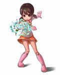  1girl bangs brown_eyes brown_hair child magic magical_girl mecha minamoto_shizuka orange_skirt ranma_(kamenrideroz) short_twintails simple_background skirt solo star tagme twintails white_background 