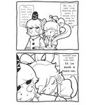  2koma banned_artist blush comic english eyebrows flirting greyscale hat kaku_seiga littleshrimp monochrome mononobe_no_futo multiple_girls smile sweatdrop touhou yuri 