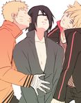  3boys black_hair blonde_hair blue_eyes father_and_son looking_at_viewer multiple_boys naruto short_hair spiked_hair tagme uchiha_sasuke undressing uzumaki_boruto uzumaki_naruto yaoi 