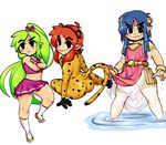  3boys ass black_eyes blue_hair blush cheerleader crossdressing green_hair looking_at_viewer looking_back multiple_boys pointy_ears ponytail red_hair the_legend_of_zelda thick_thighs yellow_kirby 