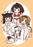  4girls ahoge akizuki_(kantai_collection) ass bare_shoulders black_bra black_hair black_panties blush bra braid breasts brown_hair chibi cleavage covering covering_breasts covering_crotch eyebrows_visible_through_hair full_body hachimaki hair_flaps hair_ornament hairband hatsuzuki_(kantai_collection) headband heart highres kantai_collection light_brown_hair long_hair midriff multiple_girls navel nude one_side_up panties ponytail propeller_hair_ornament red_bra red_panties short_hair silver_hair simoyuki suzutsuki_(kantai_collection) teruzuki_(kantai_collection) twin_braids underwear underwear_only 