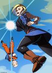  1boy 1girl android_18 bald blonde_hair blue_sky cropped_jacket crossed_arms dougi dragon_ball dragonball_z energy_ball facial_mark forehead_mark kukuruyo kuririn looking_at_viewer midair pantyhose sash sky smile upside-down 