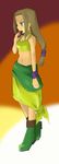  ankle_boots arc_the_lad arc_the_lad_ii bare_shoulders boots breasts brown_hair card choker cleavage dark_skin full_body green_eyes highres holding holding_card long_hair low-tied_long_hair midriff navel orange_background parted_lips profile sania_(arc_the_lad) scrunchie simple_background solo standing tank_top 