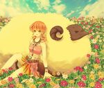  1girl animal artist_request blue_sky field final_fantasy final_fantasy_xiii flower looking_at_viewer oerba_dia_vanille sheep sitting skirt sky smile tribal twintails 