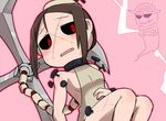  1girl black_sclera blush brown_hair carol_(skullgirls) fang kasugai_(de-tteiu) nail no_mask painwheel_(skullgirls) red_eyes scar skullgirls stitches 