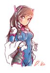  1girl artist_request bodysuit brown_eyes brown_hair character_name d.va d.va_(overwatch) facial_mark female hana_song headphones long_hair mogijabgo overwatch solo white_background white_gloves 