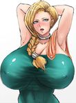  1girl armpits arms_up bianca blonde_hair blue_eyes blush braid breasts dragon_quest dragon_quest_v erect_nipples female gigantic_breasts long_hair looking_at_viewer ogura_anko open_mouth posing simple_background solo toned tongue white_background 